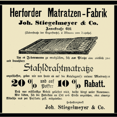 In 1899, the production of steel wire mattresses commences in Rödinghausen, Germany. Following a move to Herford, the company is entered in the trade register on 1 November 1900.