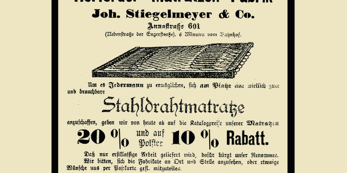 In 1899, the production of steel wire mattresses commences in Rödinghausen, Germany. Following a move to Herford, the company is entered in the trade register on 1 November 1900.