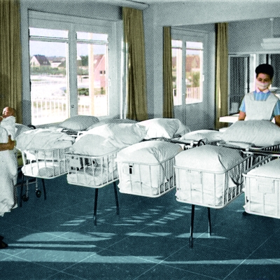 Stiegelmeyer’s cots are used successfully in many maternity wards during the baby boom years.